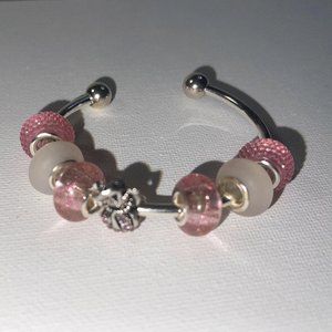 Girls Screw Clasp Bangle/Cuff Charm with European Large Hole Spacer Beads (Pink)